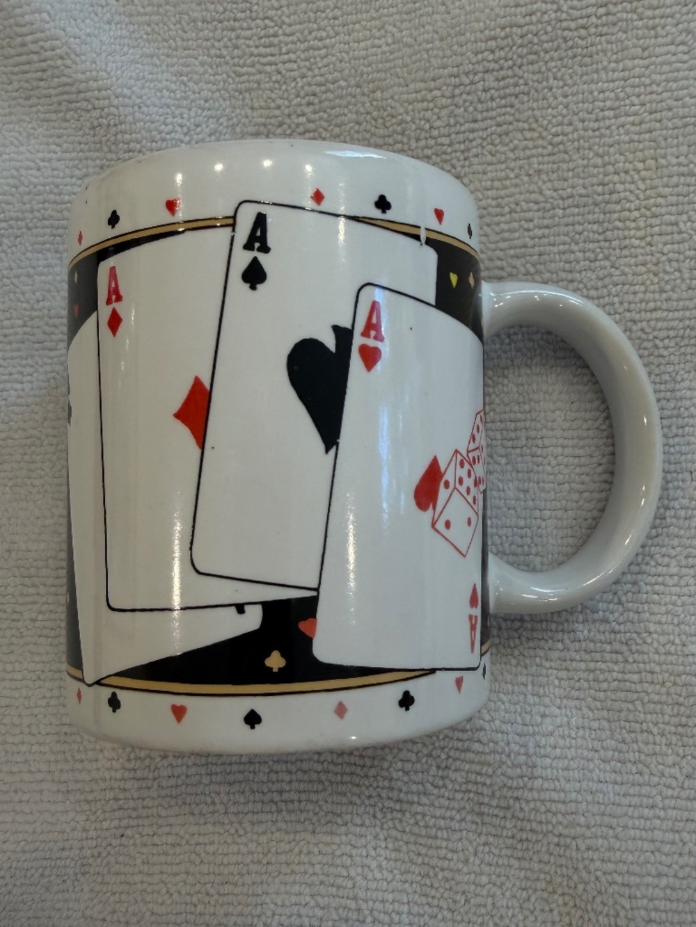 Playing Cards & Dice Ceramic Coffee Mug White Red Black Poker Game Night
